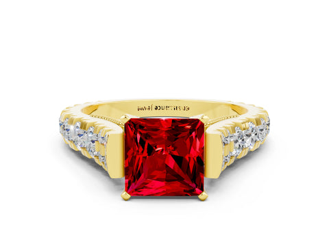 Yellow gold Princess Cut Ruby Classic Solitaire Ring with Pavé Band and Four-Prong Setting
