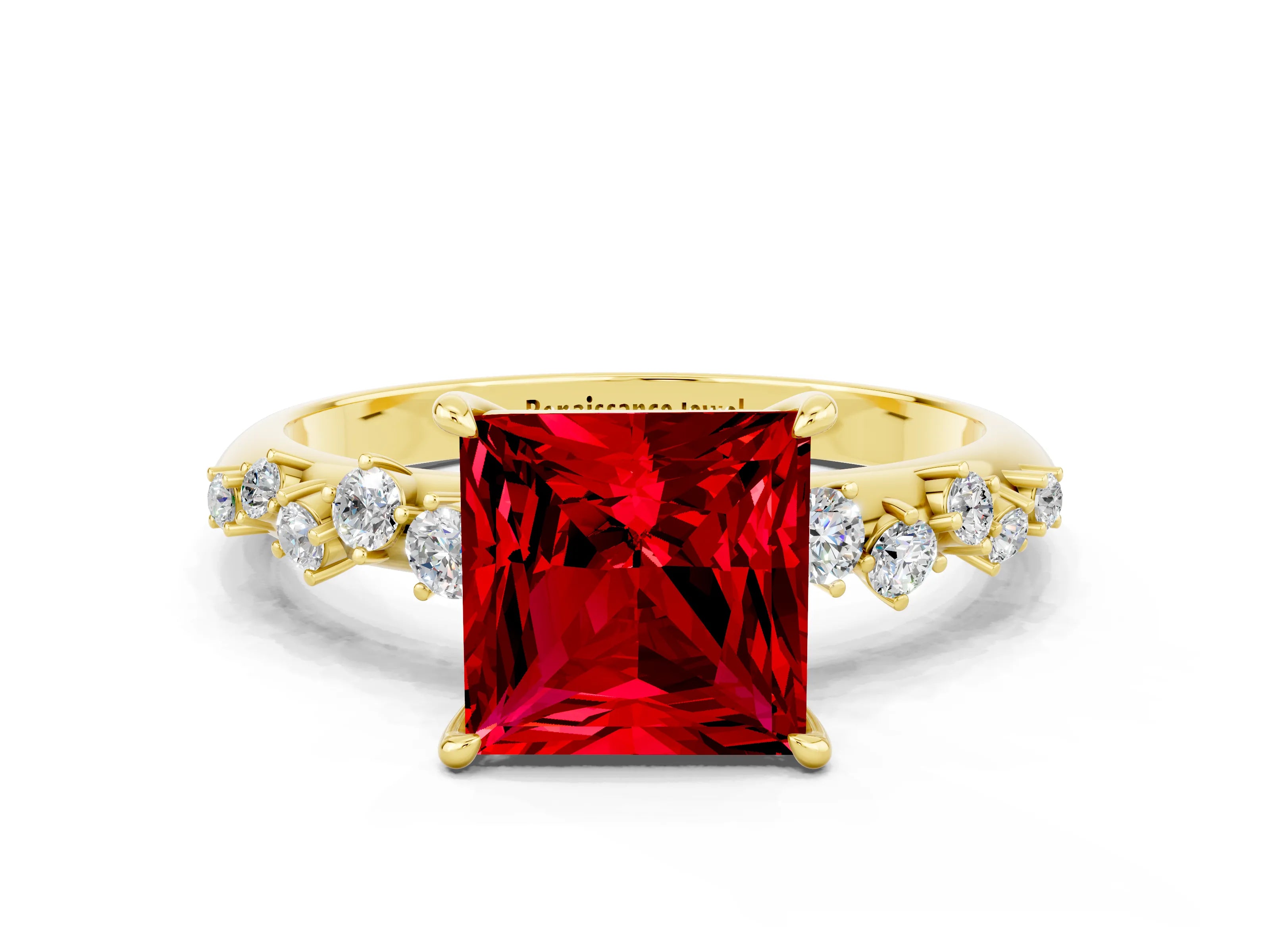 Yellow gold Princess Cut Ruby Cluster Side Stone Solitaire Ring with Prong Setting_24