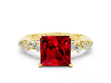 Yellow gold Princess Cut Ruby Cluster Side Stone Solitaire Ring with Prong Setting_24
