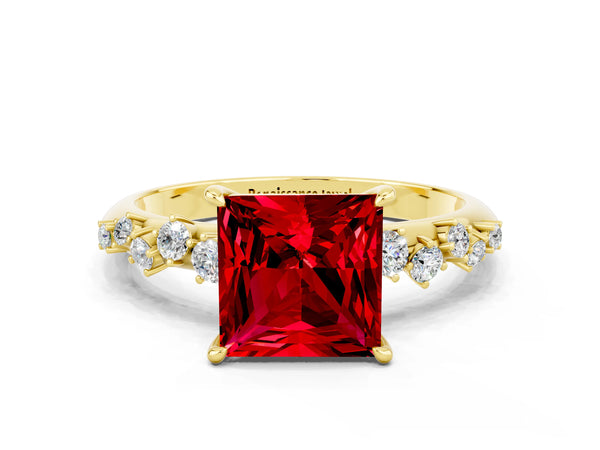 Yellow gold Princess Cut Ruby Cluster Side Stone Solitaire Ring with Prong Setting