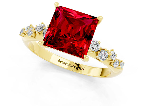 Yellow gold Princess Cut Ruby Cluster Side Stone Solitaire Ring with Prong Setting
