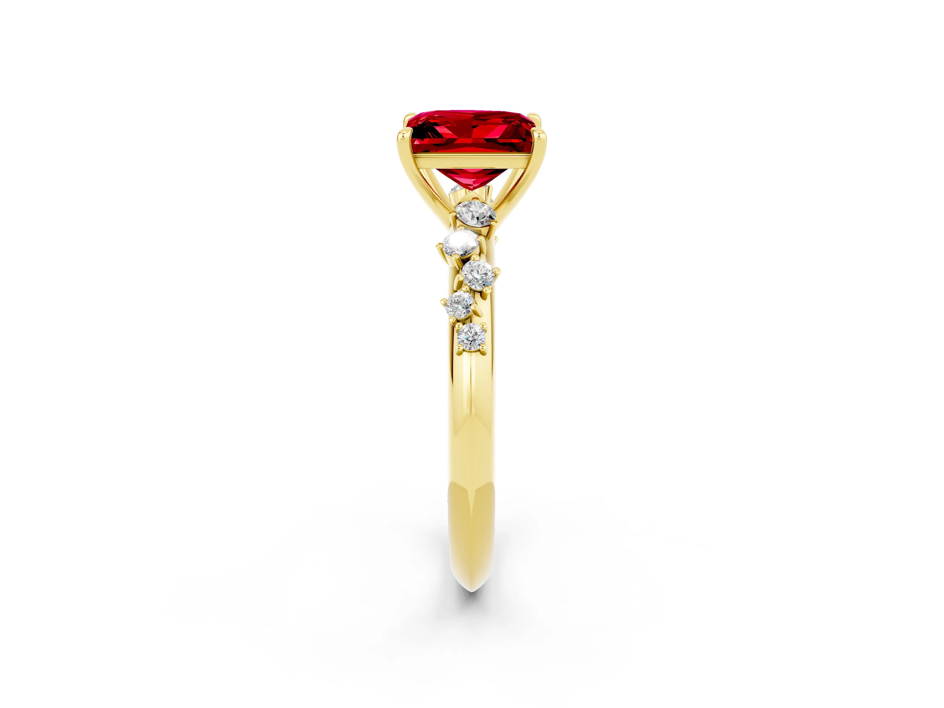 Yellow gold Princess Cut Ruby Cluster Side Stone Solitaire Ring with Prong Setting_26