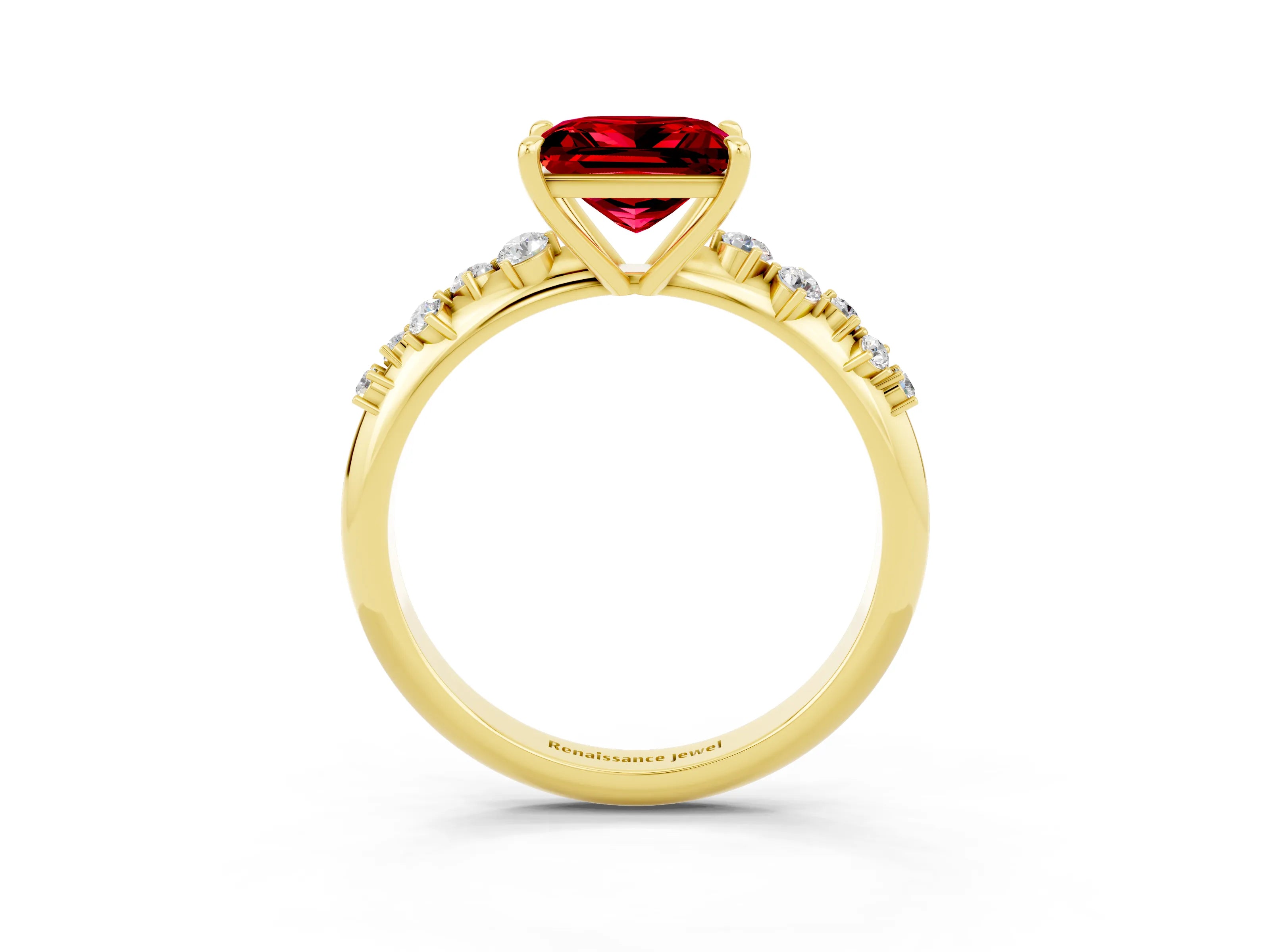 Yellow gold Princess Cut Ruby Cluster Side Stone Solitaire Ring with Prong Setting_27