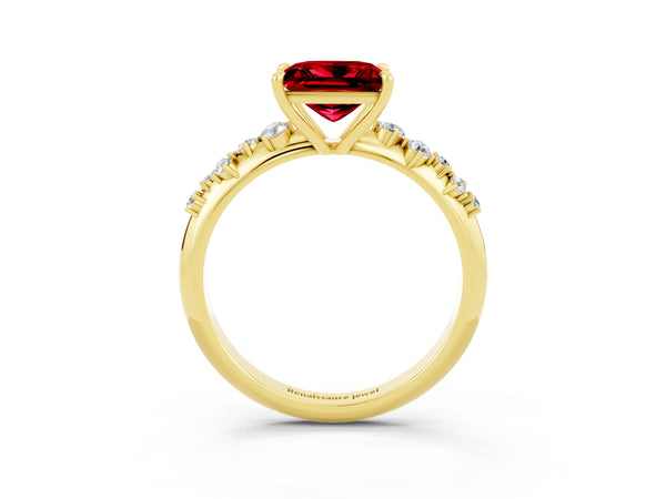 Yellow gold Princess Cut Ruby Cluster Side Stone Solitaire Ring with Prong Setting