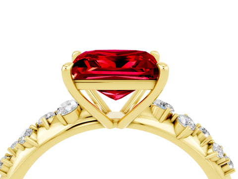Yellow gold Princess Cut Ruby Cluster Side Stone Solitaire Ring with Prong Setting_28