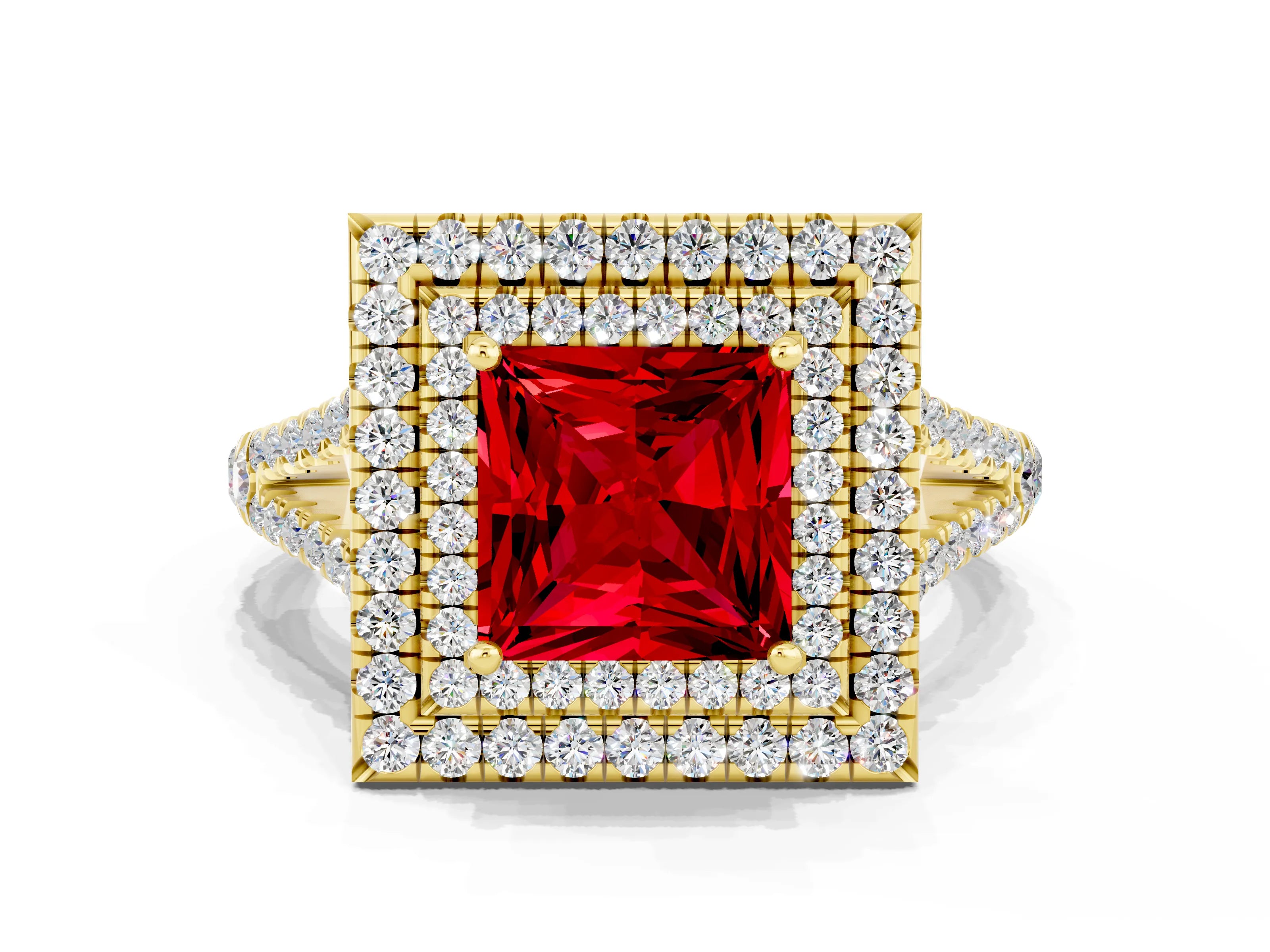 Yellow gold Princess Cut Ruby Double Halo Ring with Pavé Band and Prong Setting_12