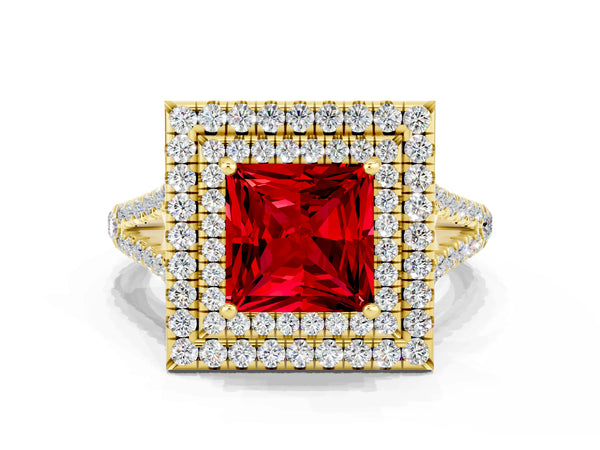 Yellow gold Princess Cut Ruby Double Halo Ring with Pavé Band and Prong Setting