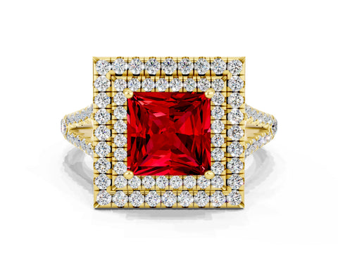 Yellow gold Princess Cut Ruby Double Halo Ring with Pavé Band and Prong Setting_12