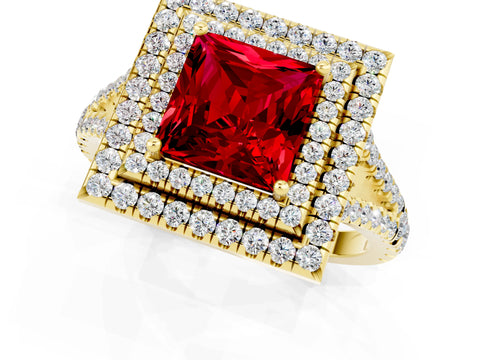 Yellow gold Princess Cut Ruby Double Halo Ring with Pavé Band and Prong Setting_13