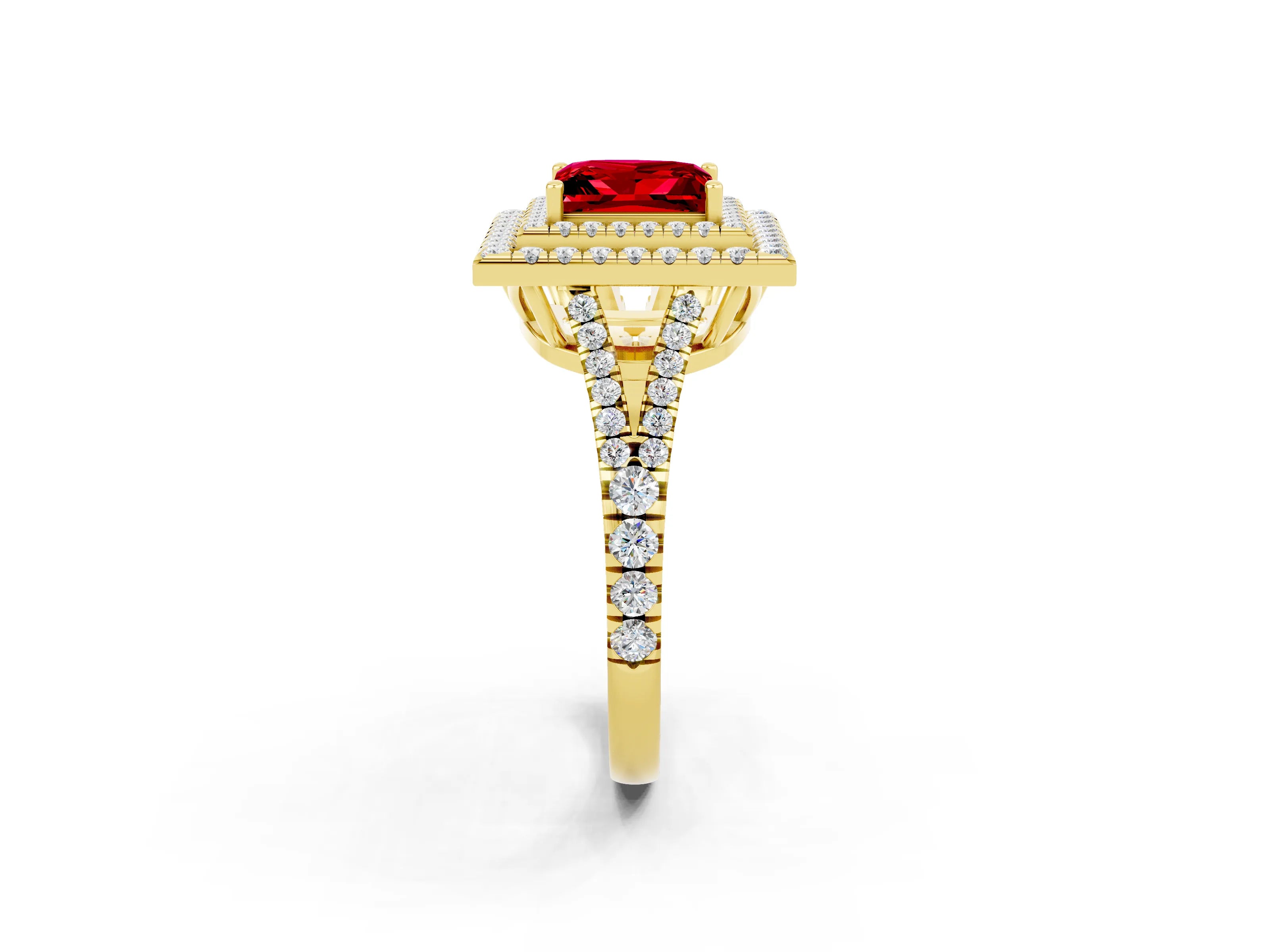 Yellow gold Princess Cut Ruby Double Halo Ring with Pavé Band and Prong Setting_14