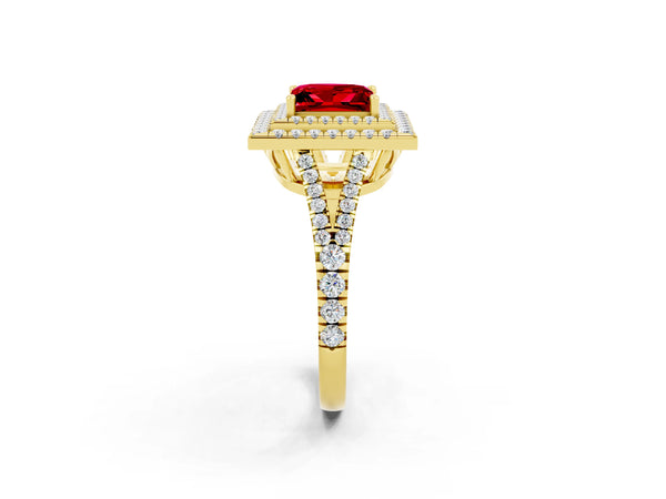 Yellow gold Princess Cut Ruby Double Halo Ring with Pavé Band and Prong Setting