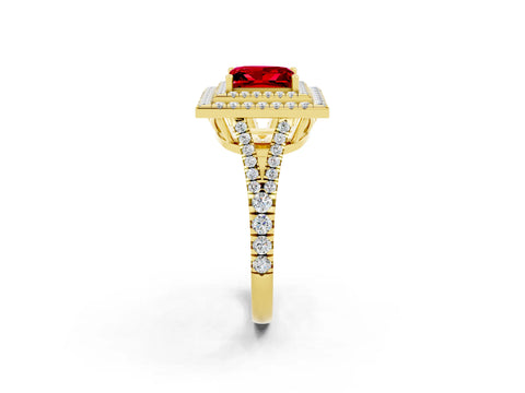 Yellow gold Princess Cut Ruby Double Halo Ring with Pavé Band and Prong Setting_14