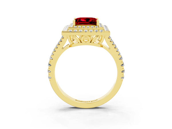 Yellow gold Princess Cut Ruby Double Halo Ring with Pavé Band and Prong Setting