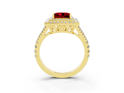Yellow gold Princess Cut Ruby Double Halo Ring with Pavé Band and Prong Setting_15