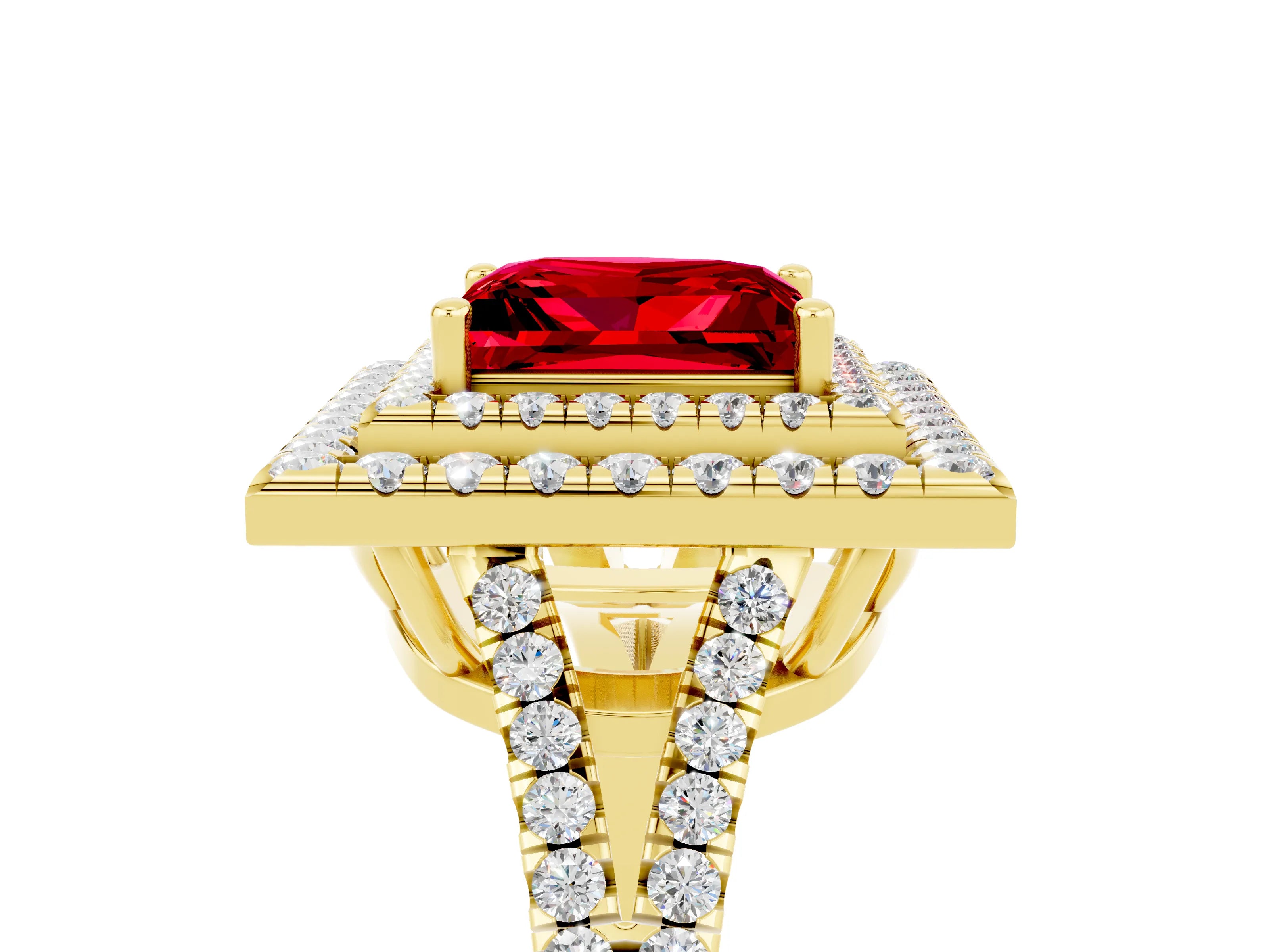 Yellow gold Princess Cut Ruby Double Halo Ring with Pavé Band and Prong Setting_17