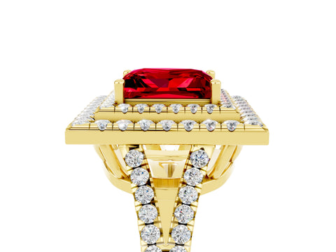 Yellow gold Princess Cut Ruby Double Halo Ring with Pavé Band and Prong Setting_17