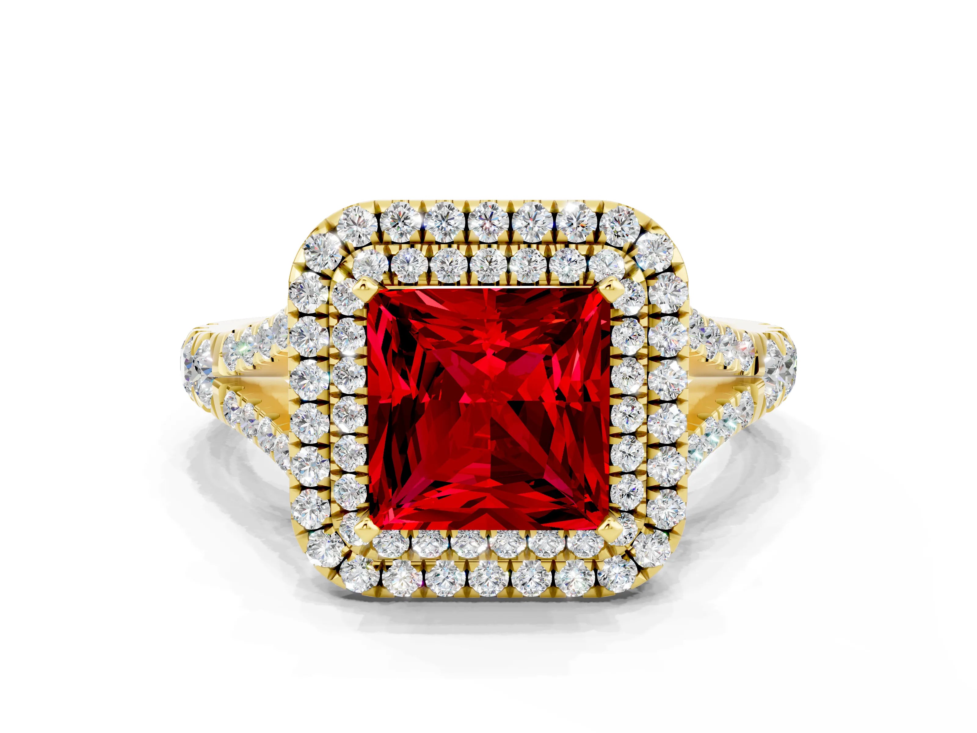 Yellow gold Princess Cut Ruby Double Halo Ring with Split Shank and Prong Setting_12