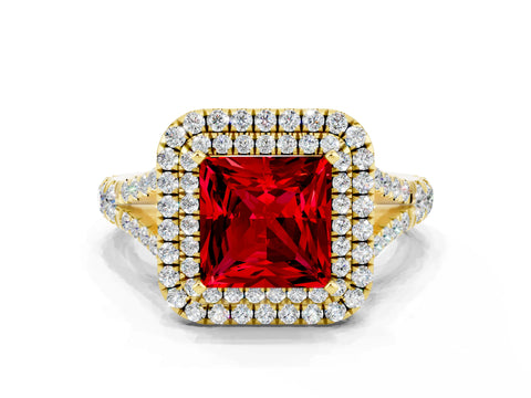 Yellow gold Princess Cut Ruby Double Halo Ring with Split Shank and Prong Setting_12