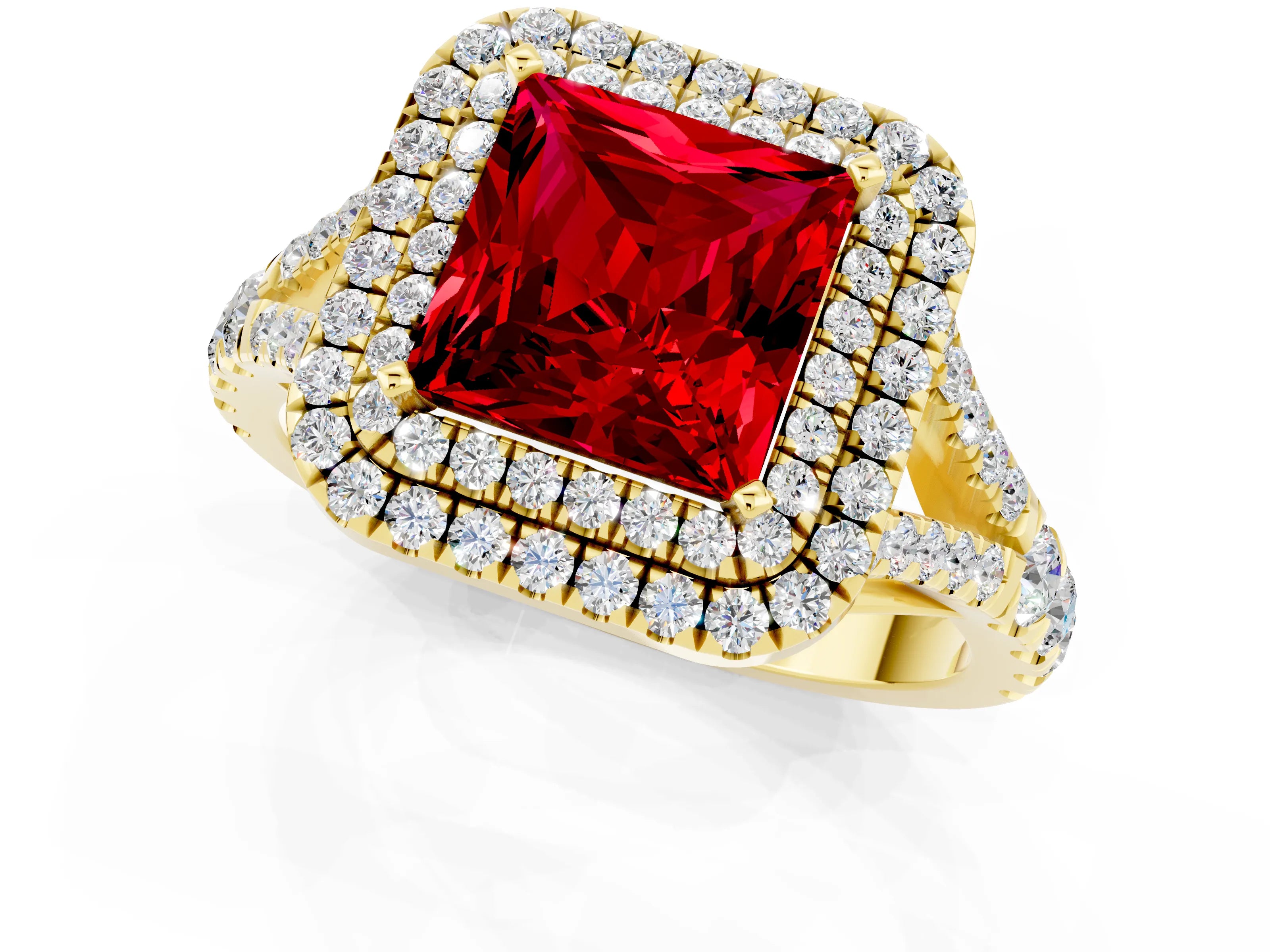 Yellow gold Princess Cut Ruby Double Halo Ring with Split Shank and Prong Setting_13