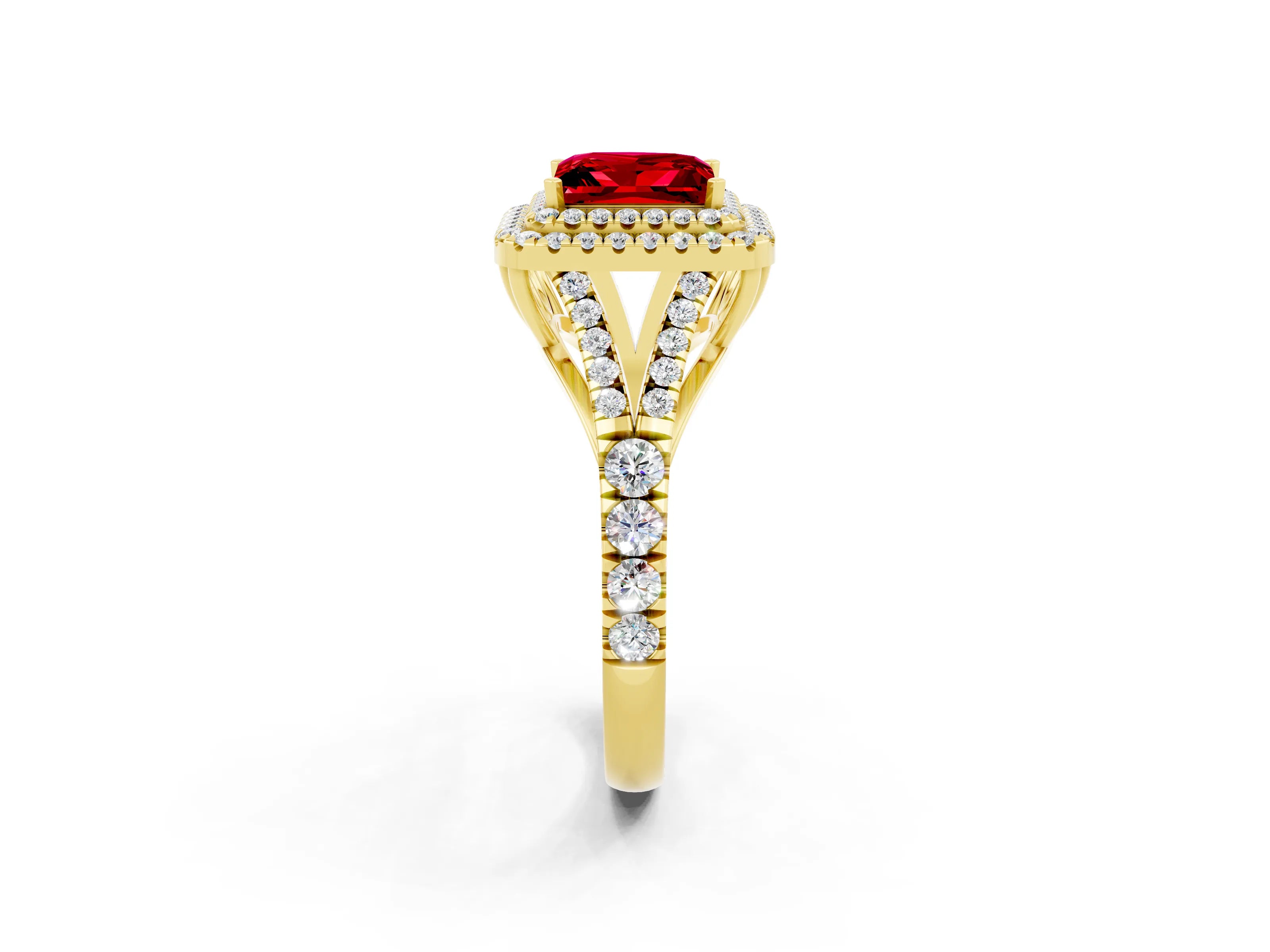 Yellow gold Princess Cut Ruby Double Halo Ring with Split Shank and Prong Setting_14