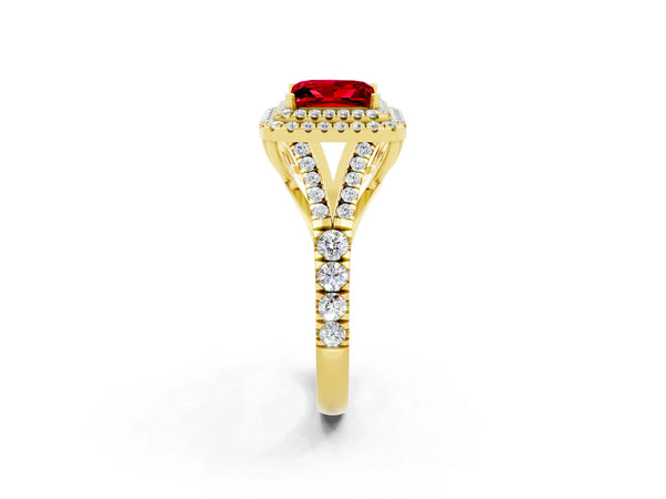 Yellow gold Princess Cut Ruby Double Halo Ring with Split Shank and Prong Setting