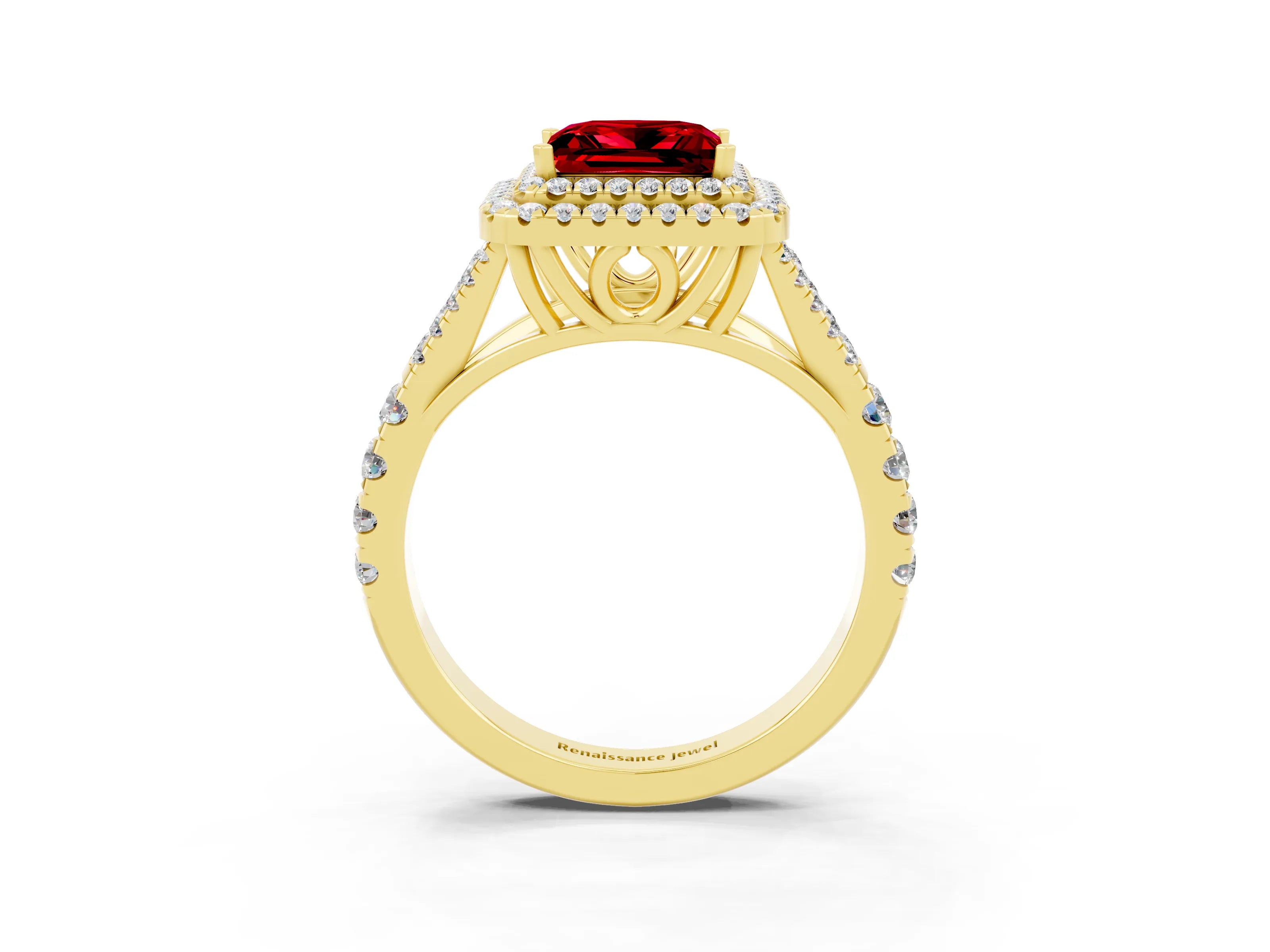 Yellow gold Princess Cut Ruby Double Halo Ring with Split Shank and Prong Setting_15