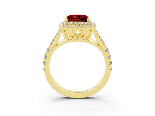 Yellow gold Princess Cut Ruby Double Halo Ring with Split Shank and Prong Setting