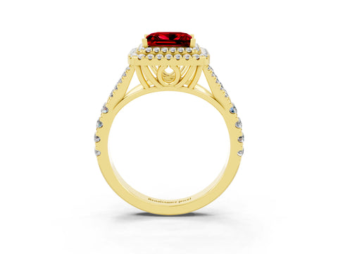 Yellow gold Princess Cut Ruby Double Halo Ring with Split Shank and Prong Setting_15