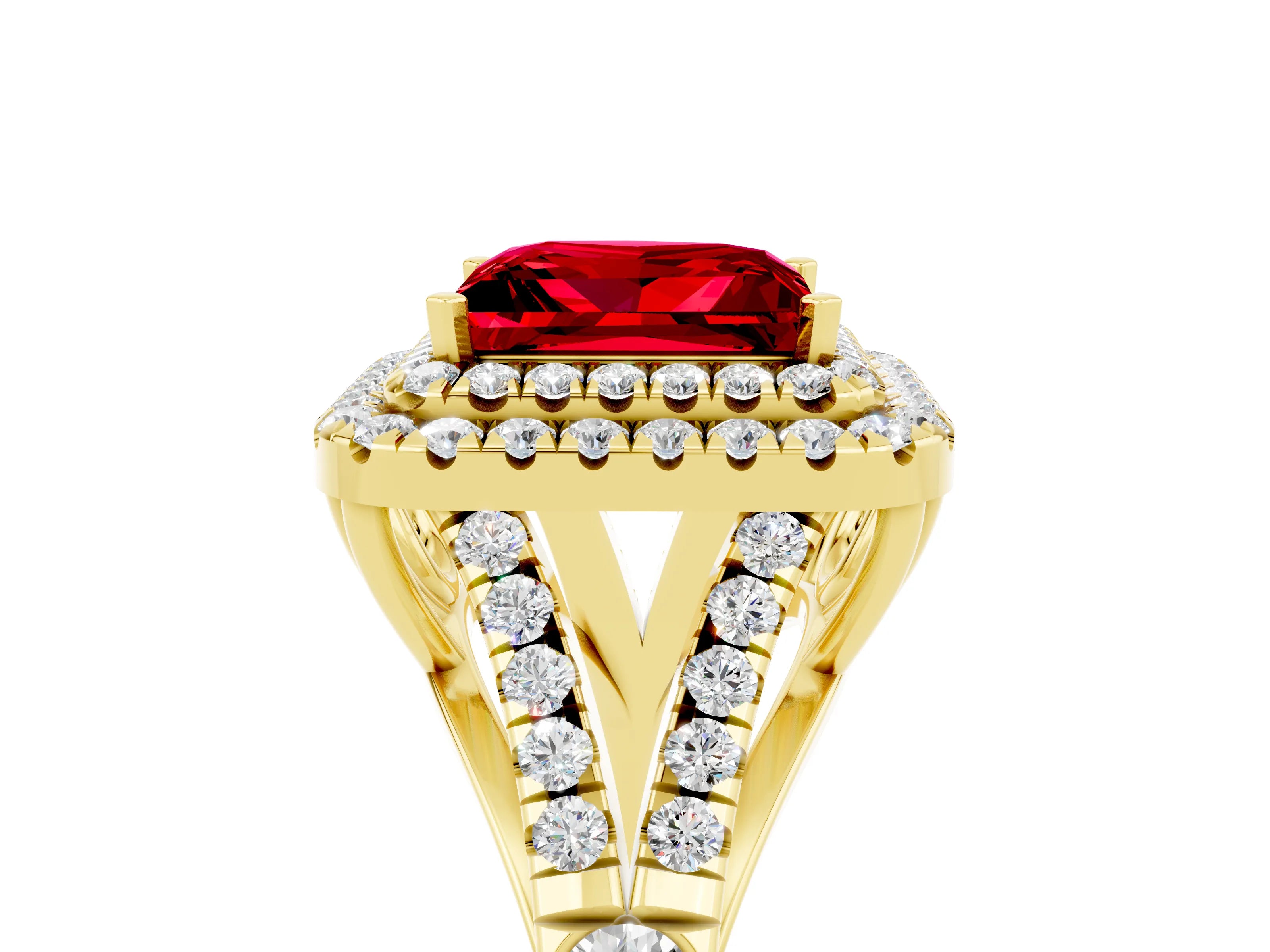 Yellow gold Princess Cut Ruby Double Halo Ring with Split Shank and Prong Setting_17