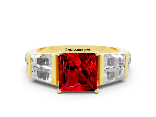 Yellow gold Princess Cut Ruby Engagement Ring with Baguette Side Stones and Channel Set Band