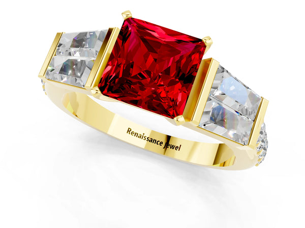 Yellow gold Princess Cut Ruby Engagement Ring with Baguette Side Stones and Channel Set Band