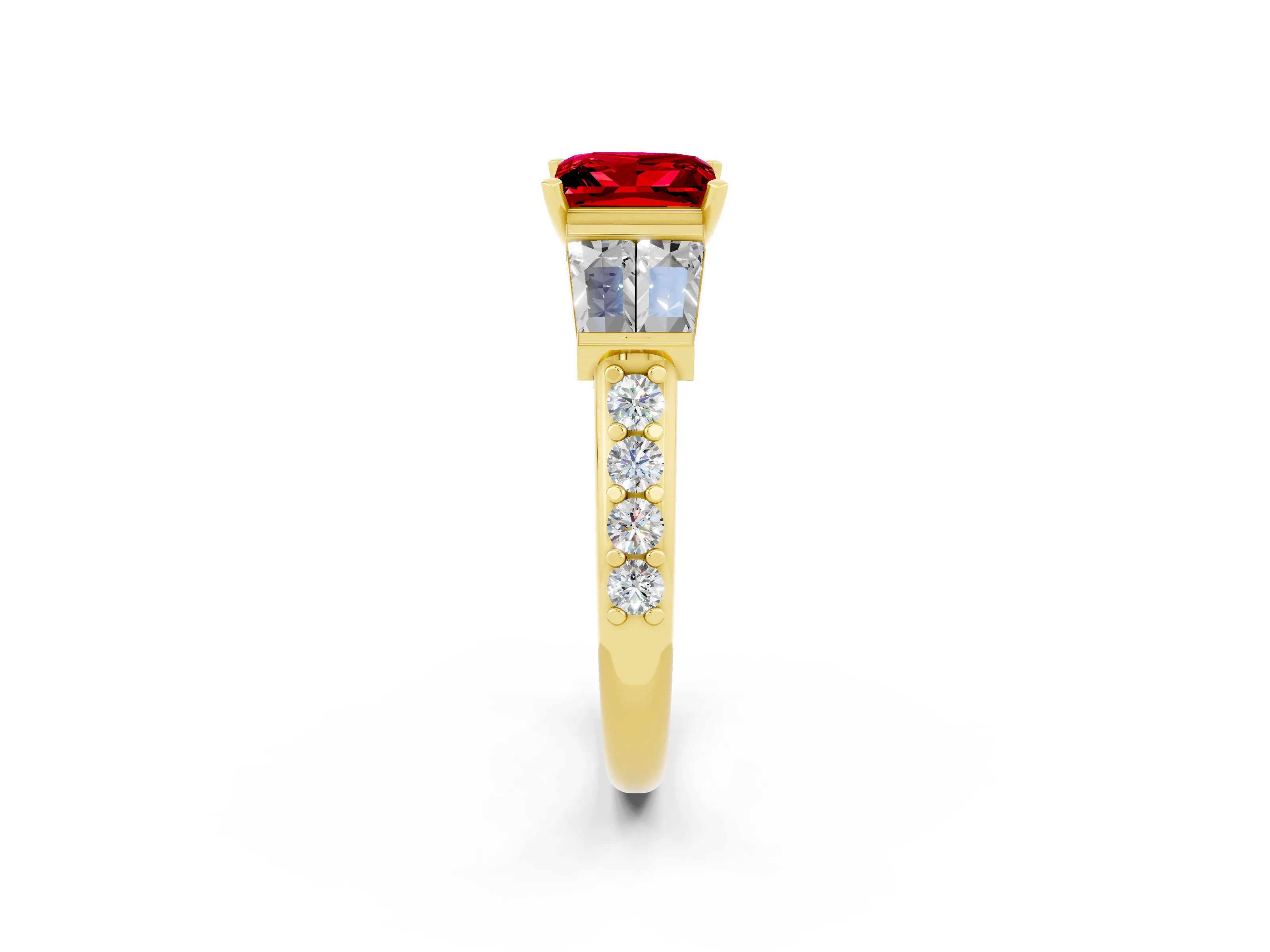 Yellow gold Princess Cut Ruby Engagement Ring with Baguette Side Stones and Channel Set Band_2