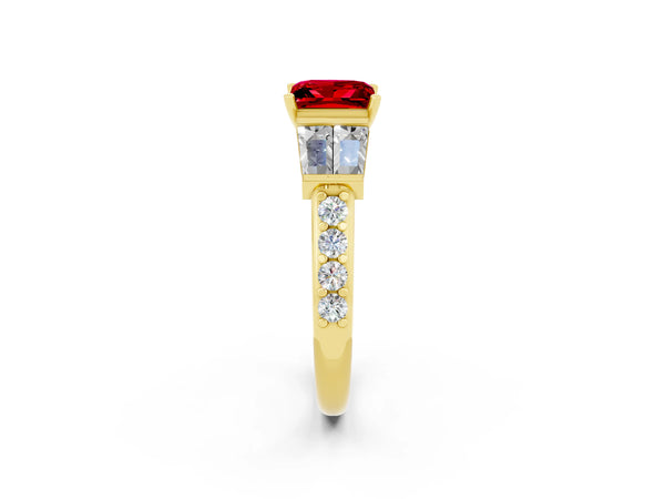 Yellow gold Princess Cut Ruby Engagement Ring with Baguette Side Stones and Channel Set Band