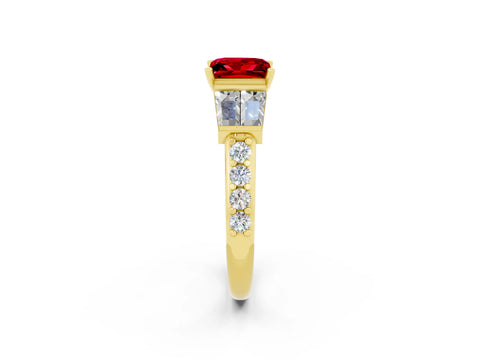 Yellow gold Princess Cut Ruby Engagement Ring with Baguette Side Stones and Channel Set Band_2