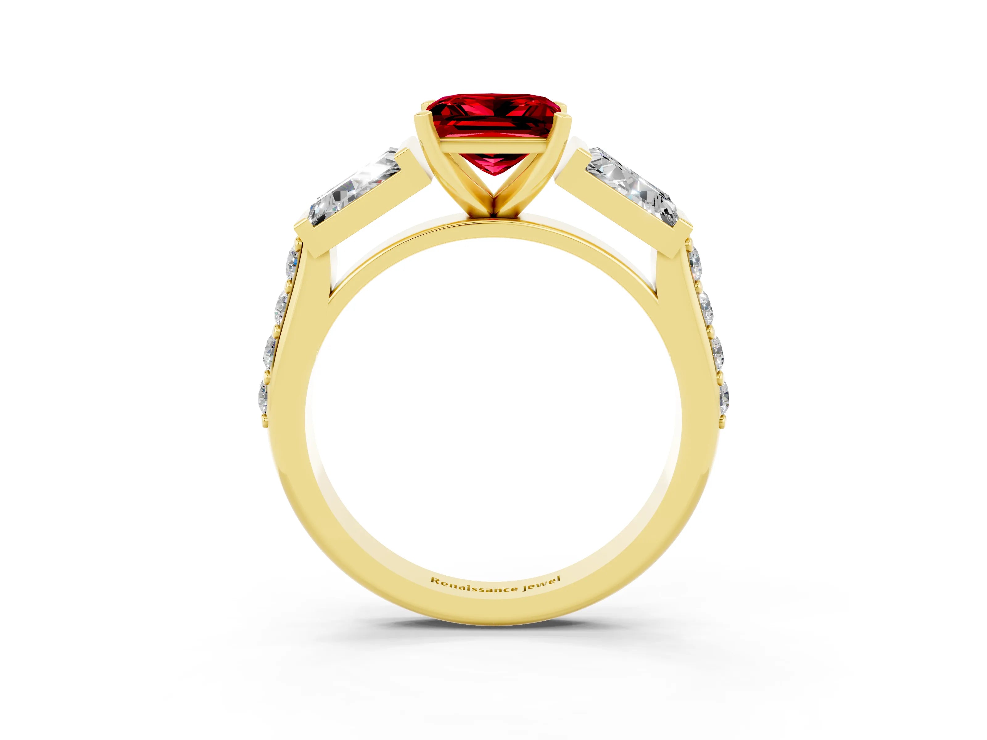 Yellow gold Princess Cut Ruby Engagement Ring with Baguette Side Stones and Channel Set Band_3