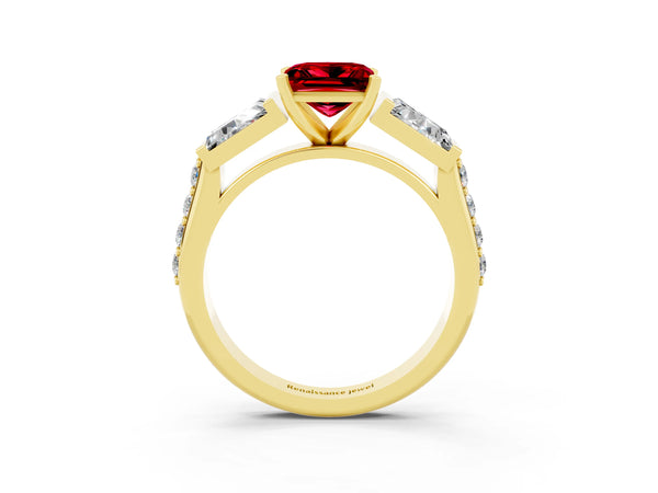 Yellow gold Princess Cut Ruby Engagement Ring with Baguette Side Stones and Channel Set Band