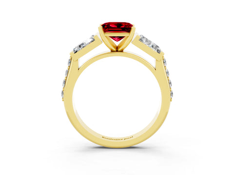 Yellow gold Princess Cut Ruby Engagement Ring with Baguette Side Stones and Channel Set Band_3