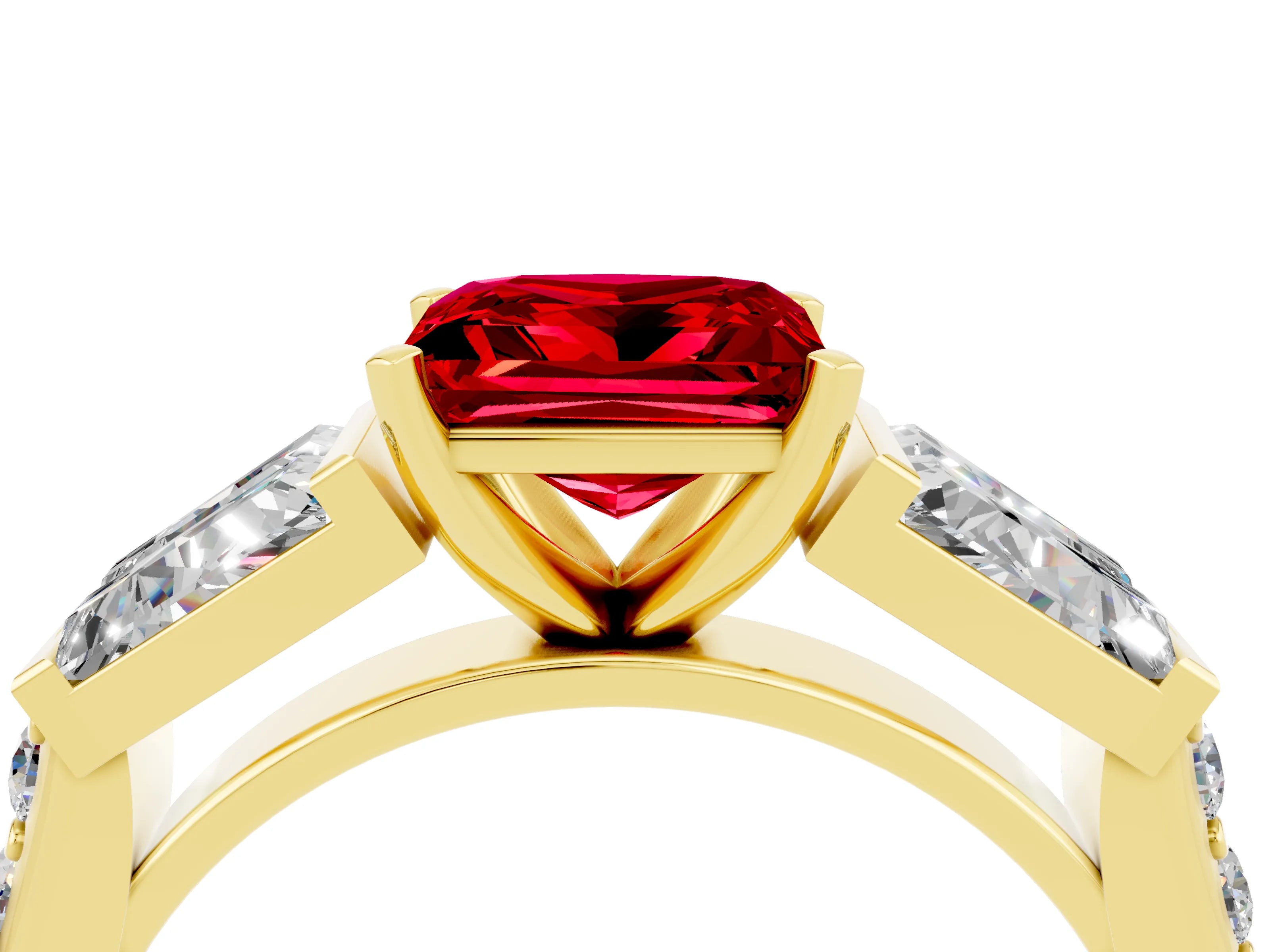 Yellow gold Princess Cut Ruby Engagement Ring with Baguette Side Stones and Channel Set Band_4