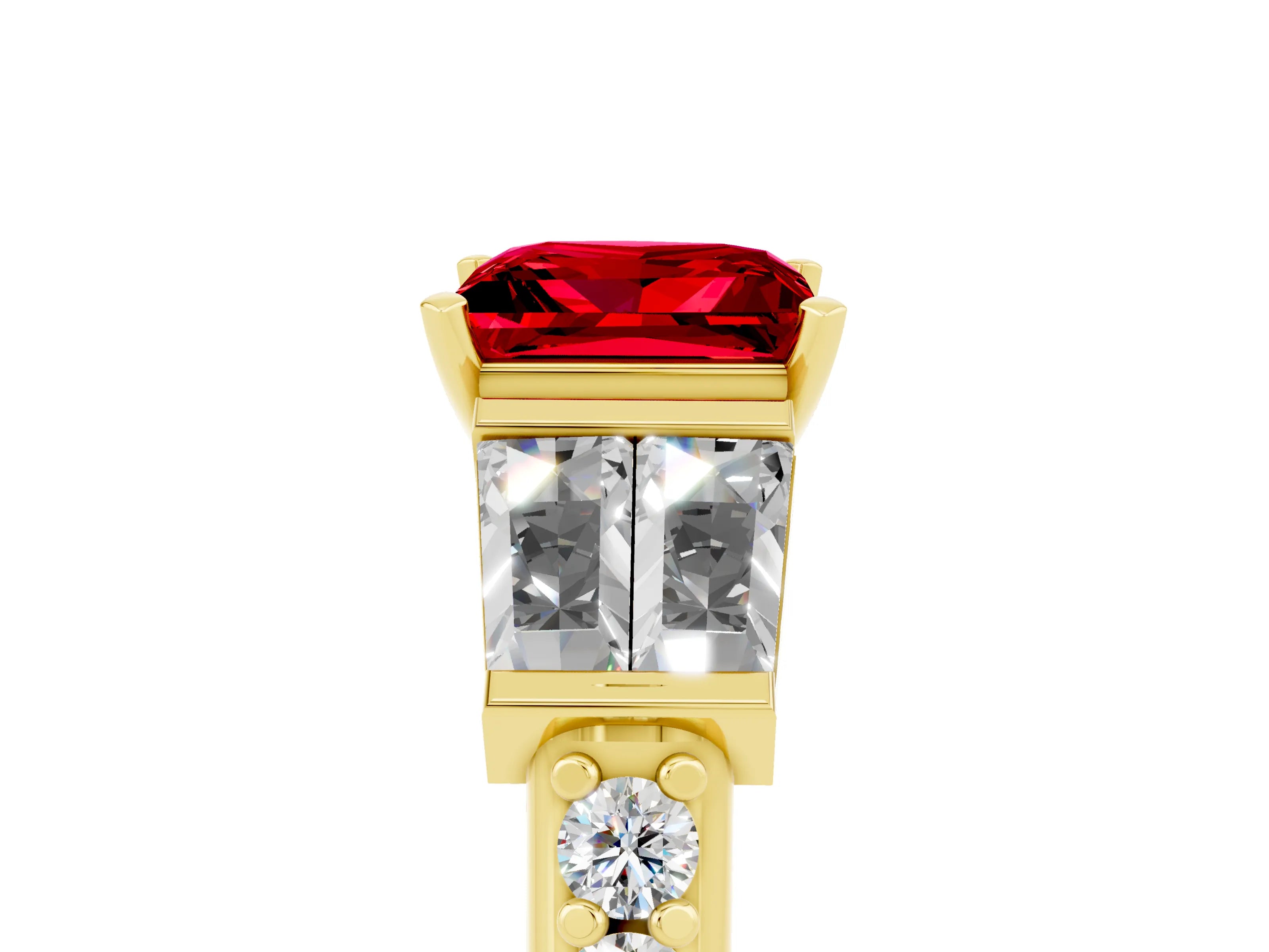 Yellow gold Princess Cut Ruby Engagement Ring with Baguette Side Stones and Channel Set Band_5