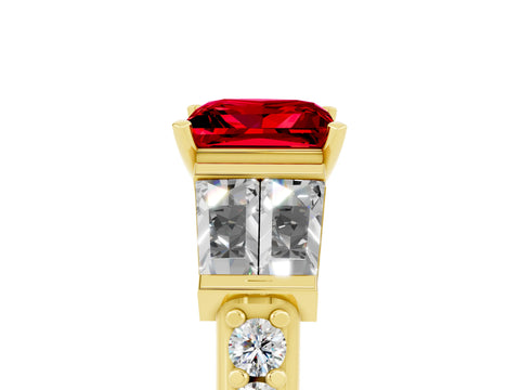 Yellow gold Princess Cut Ruby Engagement Ring with Baguette Side Stones and Channel Set Band_5