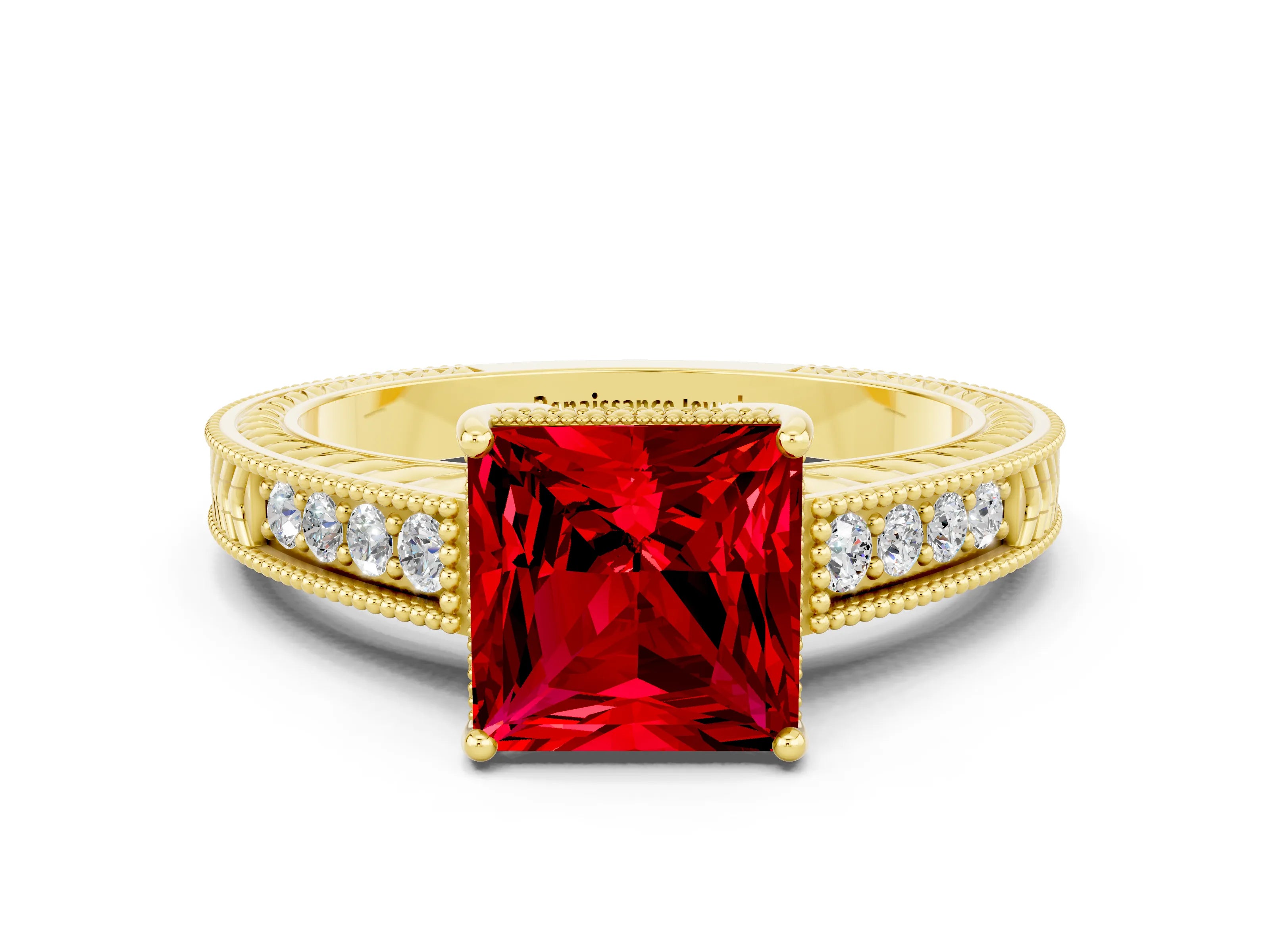 Yellow gold Princess Cut Ruby Engagement Ring with Milgrain Channel Set Band and Prong Setting