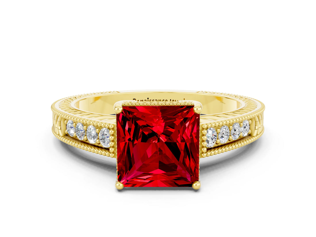 Yellow gold Princess Cut Ruby Engagement Ring with Milgrain Channel Set Band and Prong Setting