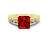 Yellow gold Princess Cut Ruby Engagement Ring with Milgrain Channel Set Band and Prong Setting