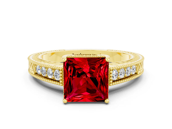 Yellow gold Princess Cut Ruby Engagement Ring with Milgrain Channel Set Band and Prong Setting
