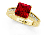 Yellow gold Princess Cut Ruby Engagement Ring with Milgrain Channel Set Band and Prong Setting_1