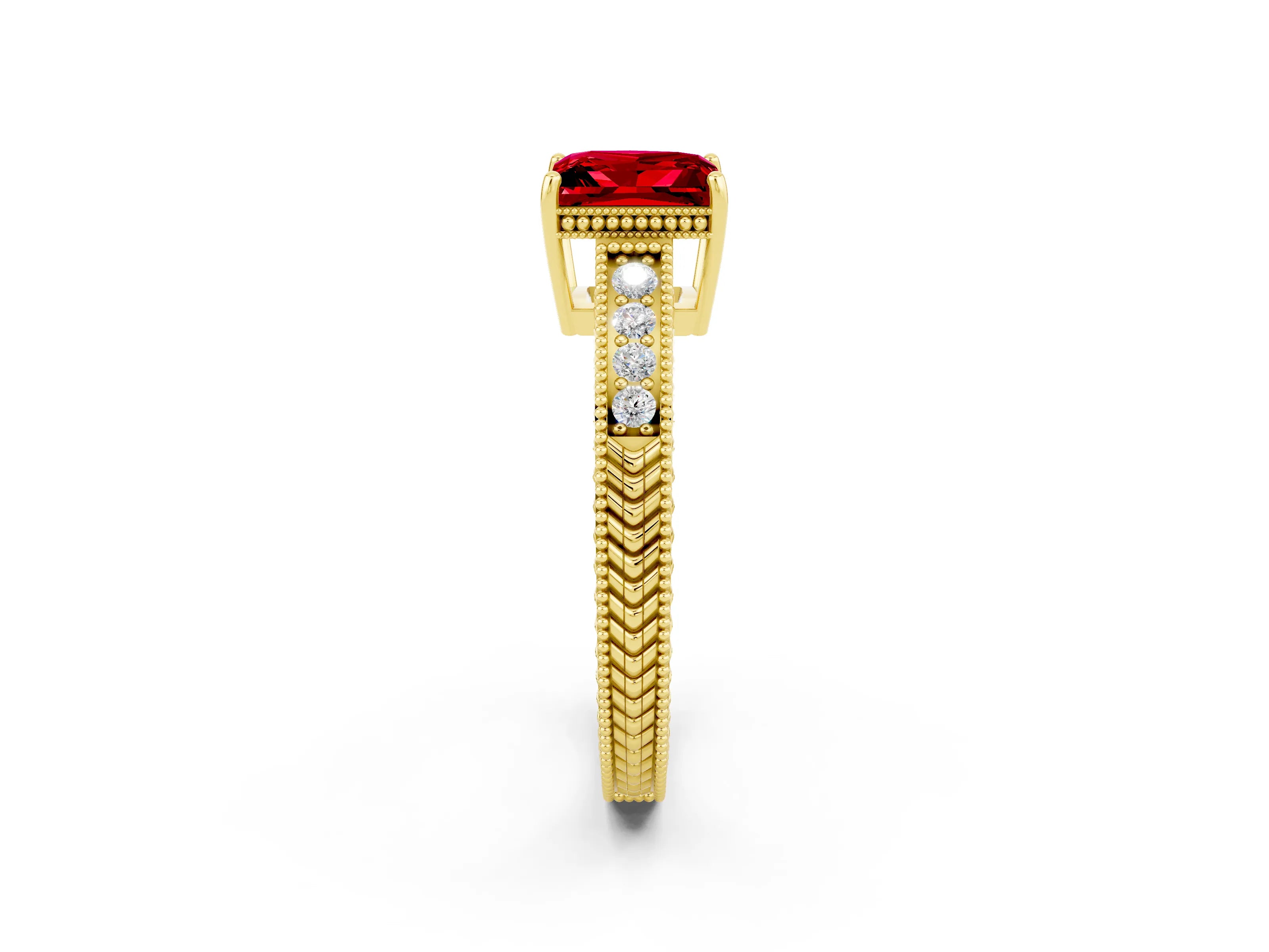 Yellow gold Princess Cut Ruby Engagement Ring with Milgrain Channel Set Band and Prong Setting_2