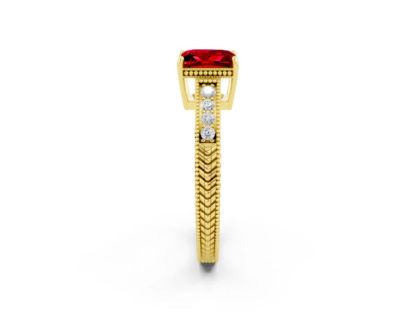 Yellow gold Princess Cut Ruby Engagement Ring with Milgrain Channel Set Band and Prong Setting