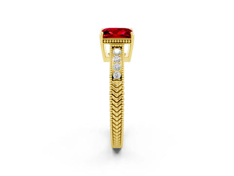 Yellow gold Princess Cut Ruby Engagement Ring with Milgrain Channel Set Band and Prong Setting_2