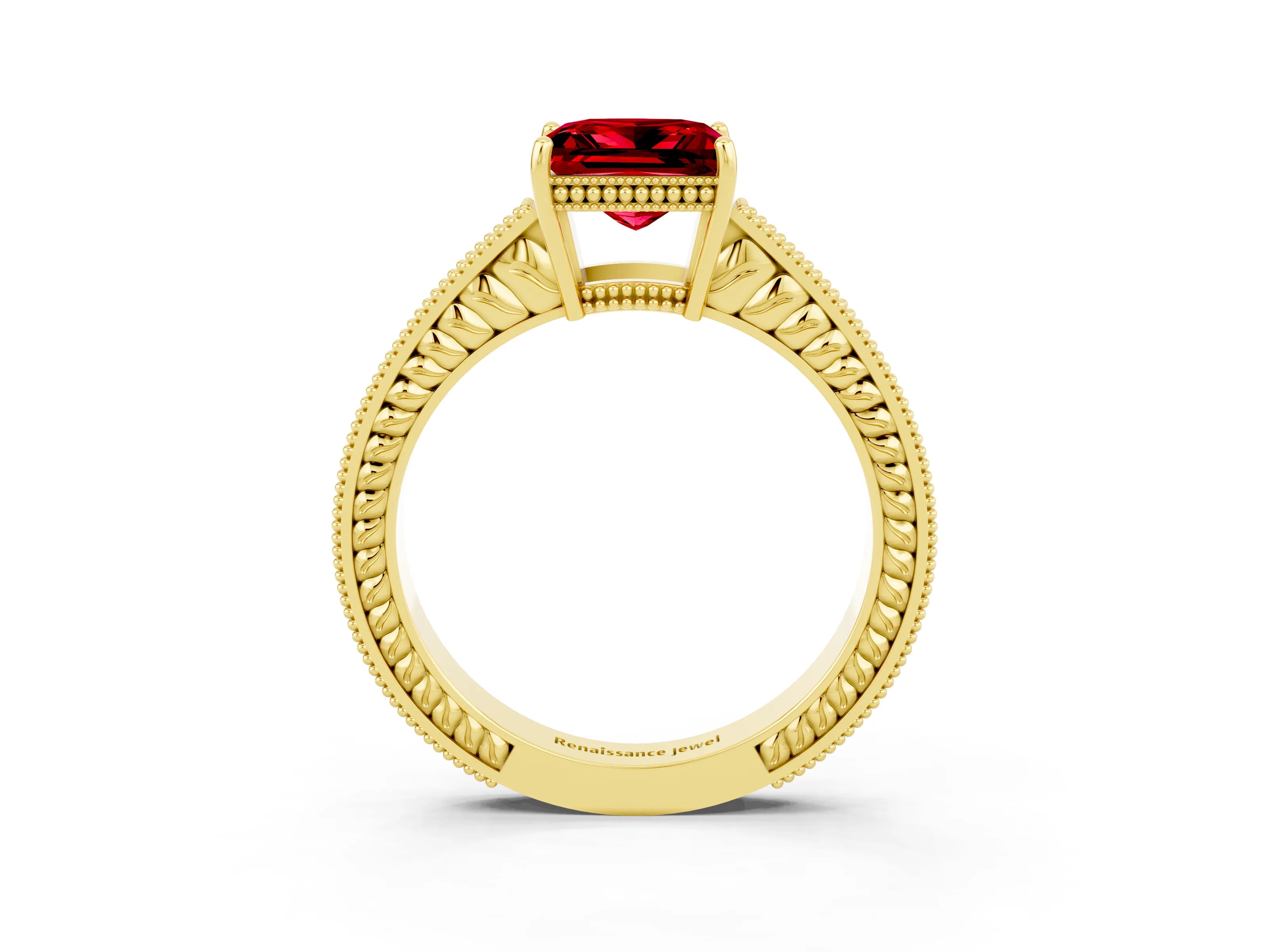 Yellow gold Princess Cut Ruby Engagement Ring with Milgrain Channel Set Band and Prong Setting_3