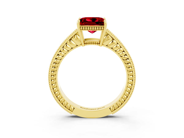 Yellow gold Princess Cut Ruby Engagement Ring with Milgrain Channel Set Band and Prong Setting